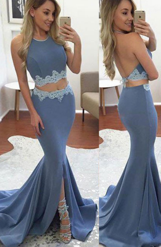 Glamorous Two Pieces High Neck Prom Dresses,Beading Prom Dresses,Open ...