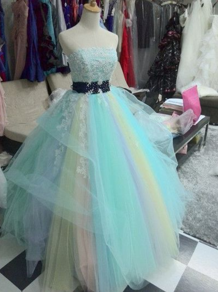 Colorful Prom Dress,2 Pieces Prom Dress,strapless Prom Dress,appliques Prom Dress