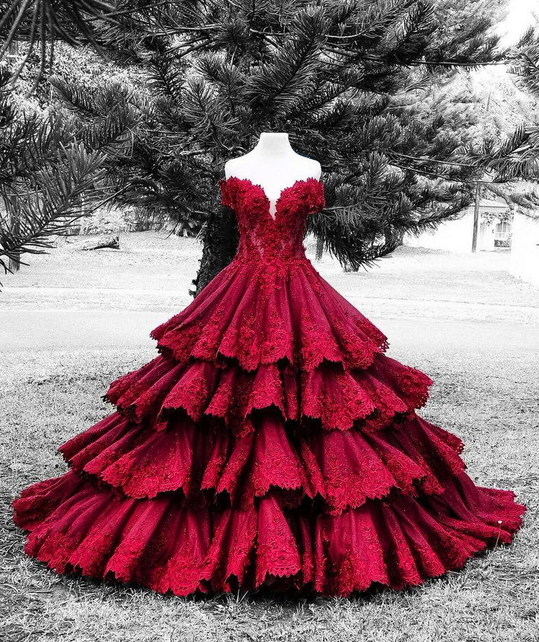 Gorgeous Red Lace Sweetheart Satins Handmade Flowers A-line Long Ball Gown Dresses
