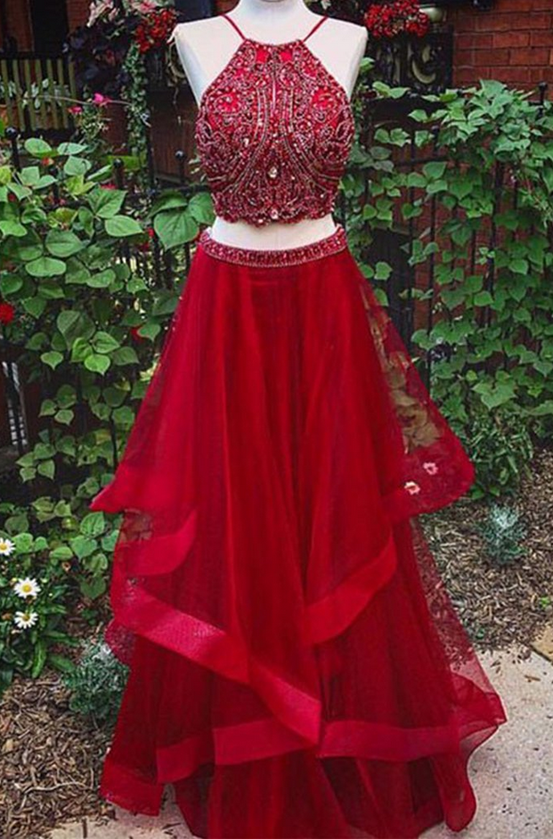 Luxury Red Tulle Beading Two Pieces Halter A-line Long Prom Dresses , Design Dresses