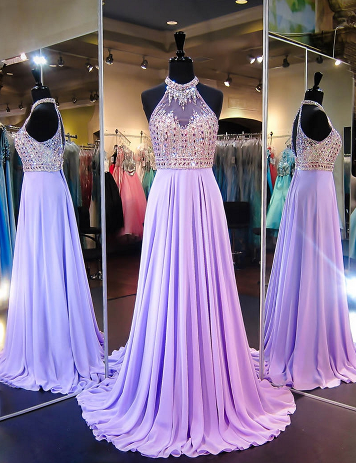 A Line Cowl Neck Sleeveless Long Pleated Beaded Lilac Prom Dress Open Back