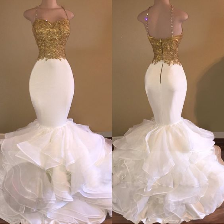 2017 Popular Gold Beaded Prom Dress,spagnetti Straps Party Dress,white Mermaid Party Dress,high Quality