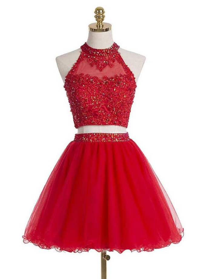 Two-piece Scoop Short Red Beaded Homecoming Dress With Appliques Sequins