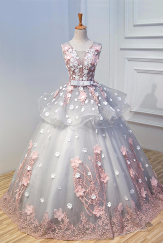 Grey Tulle 3d Flower Long A-line Evening Dress Llace Appliqués Senior Prom Dresses