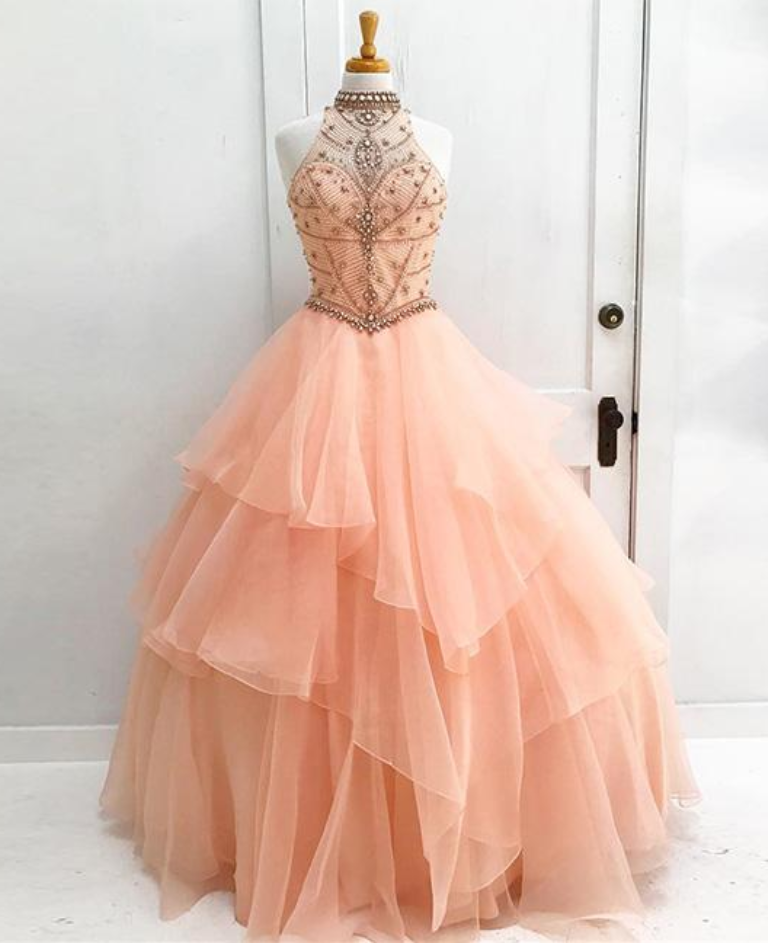 Orange Sweet Ball Gown Round Neck Beading Tulle Long Prom Gown