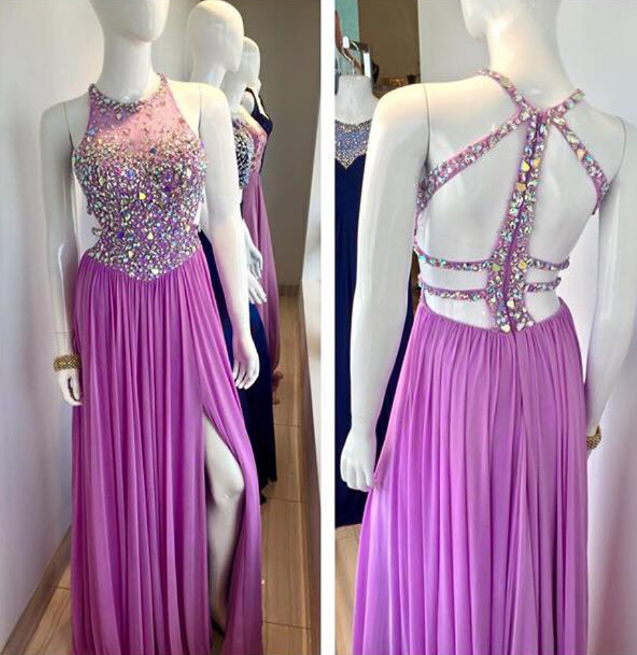 Sexy Lilac Chiffon Long Beaded Prom Dress Formal Evening Gowns High Slit Crystals Party Cocktail Dresses Halter Homecoming Graduation Dresses