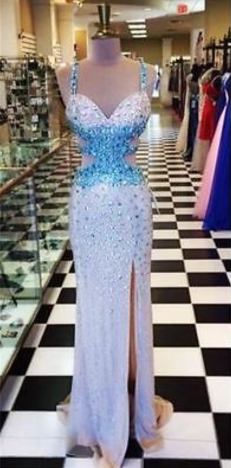 Sexy Long High Slit Beaded Crystals Backless Prom Party Formal Evening Dresses