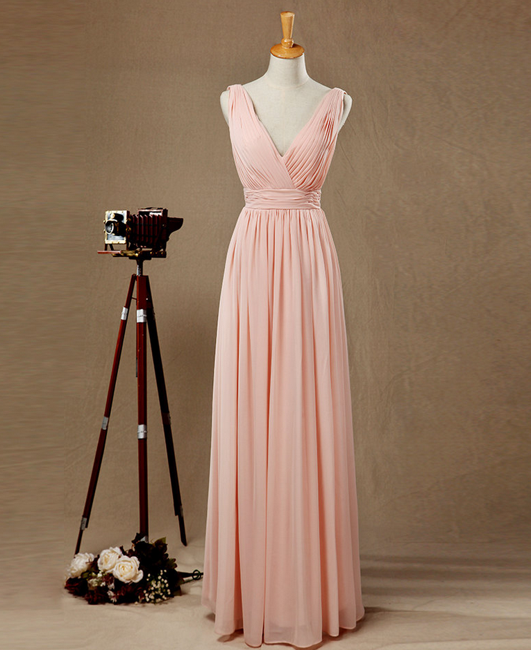 Blush Pink Bridesmaid Dress,v-neckline Bridesmaid Dress,a-line Chiffon V-back Prom Dress,blush Pink Wedding Party Dress