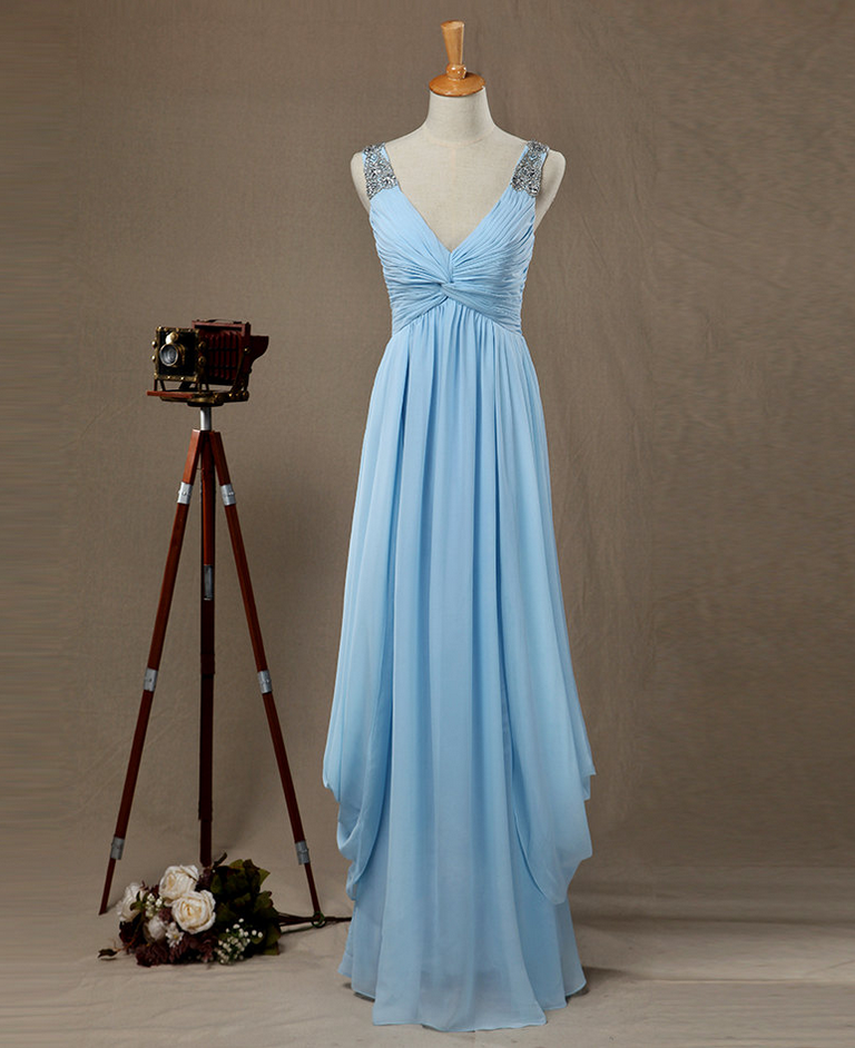 Straps Blue Bridesmaid Dress,blue Formal Dress,straps Evening Dress,v-neckline Bridesmaid Dress,light Blue Party Dress,blue Prom Dress