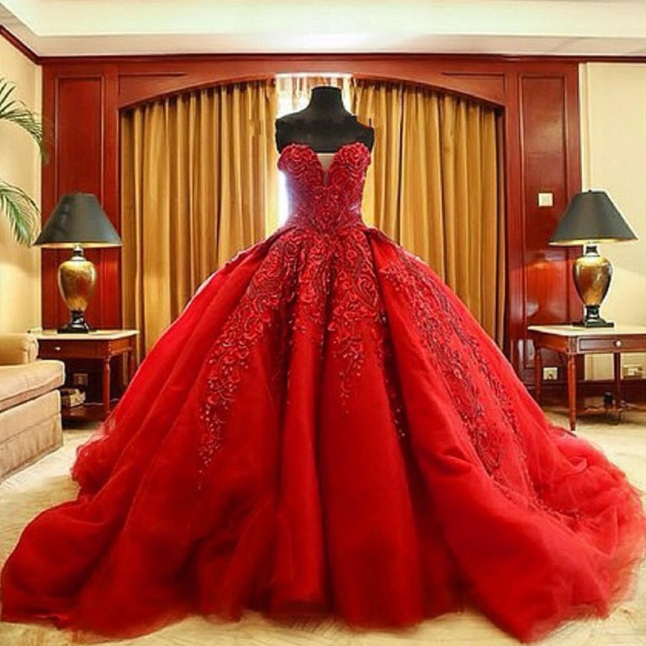 Red Ball Gown Tulle Lace High Neck Long Sleeve Beading Wedding Dress