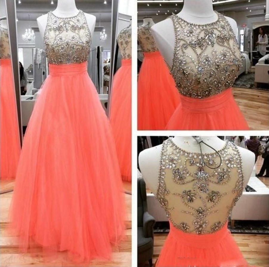 Real Image Sexy A-line Prom Dresses A-line Orange Sheer Neck Rhinestones Backless Long Formal Evening Party Gowns