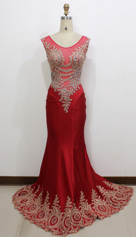 Real Image/Picture Mermaid Prom Dresses Red Sheer Neck Appliques Hollow Back Long Formal Evening Party Gowns