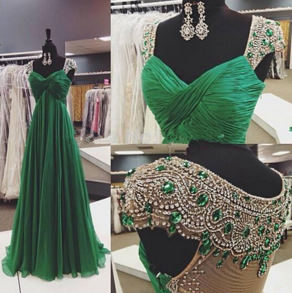 Real Image Evening Dresses A-Line Emerald Green Sweetheart Cap Sleeves Ruched Rhinestones Beads Sheer Back Chiffon Long Formal Prom Party Gowns Vestidos