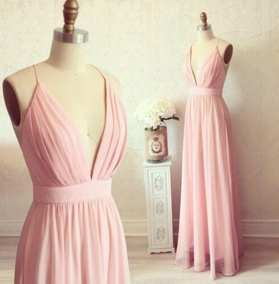 Pink Prom Dress, A-line Chiffon Prom, High V-neck Prom Dresses, Open Back Prom Dress