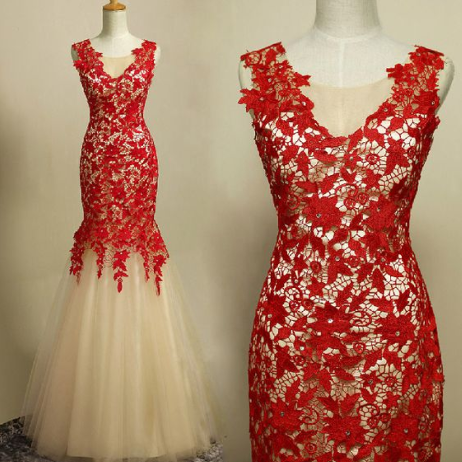 Lace, Mermaid, Sleeveless Prom Dresses, Red, With Zipper, Floor Length, Evening Gowns