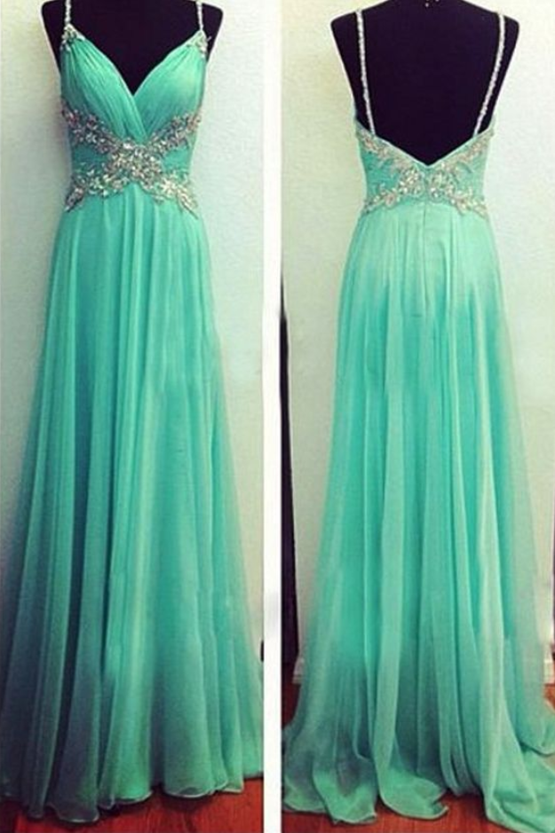 Chiffon, Long Prom Dresses, Sweetheart , With Straps, Beading Crystals