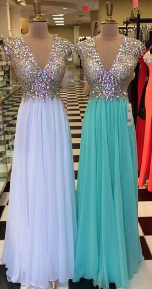 Custom Made Sparkly Sequin V-neckline Chiffon Floor Length Prom Dress