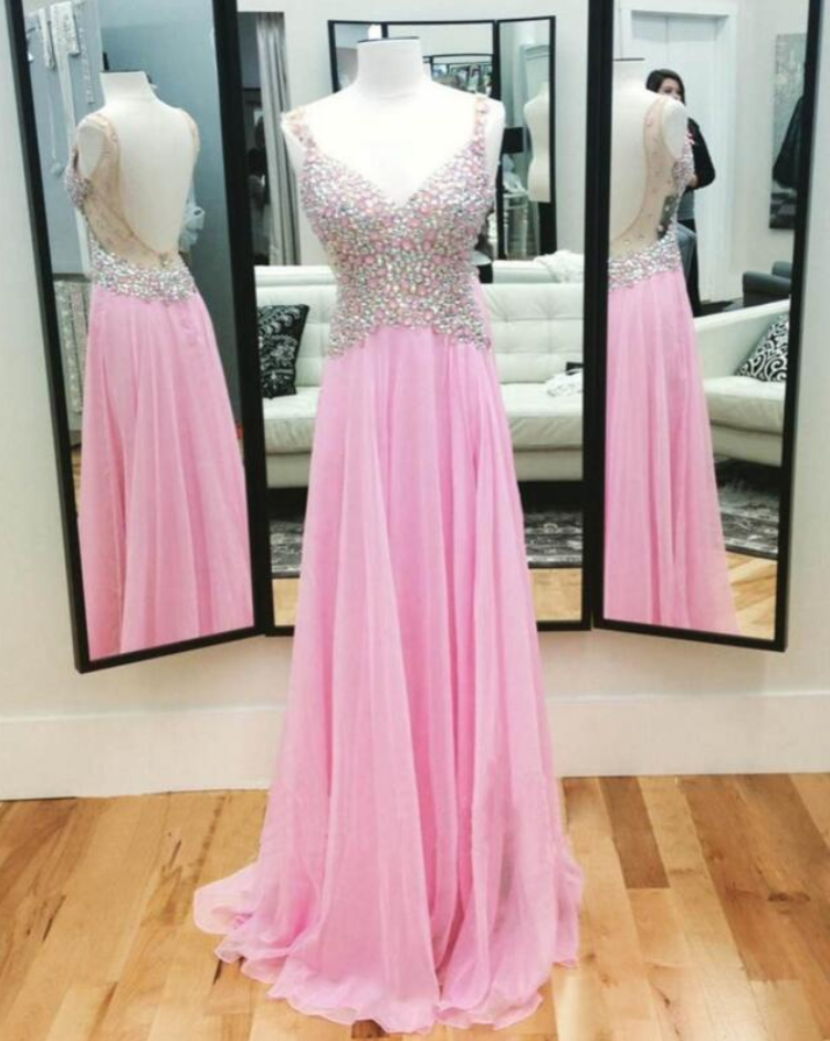 Sexy Chiffon Pink Prom Dress,spaghetti Straps Evening Dress,open Back Prom Dress