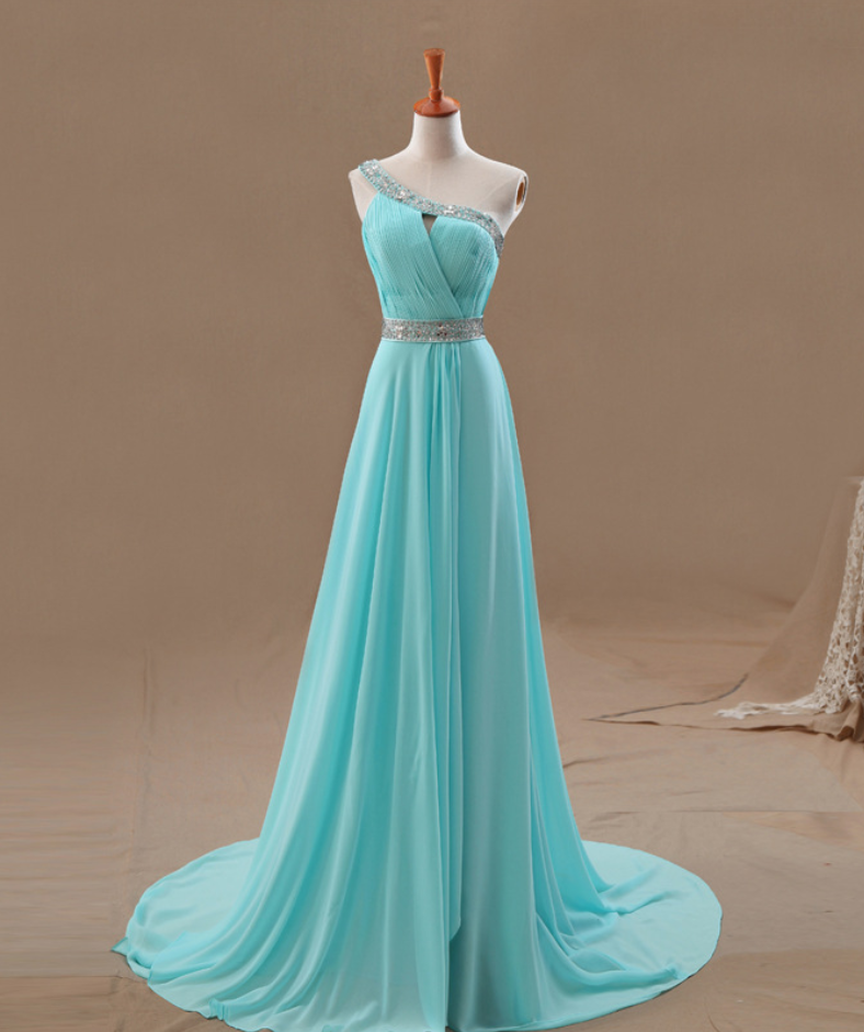 Ice Blue Chiffon One Shoulder Long Bridesmaid Dress