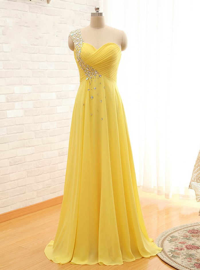 Yellow Blue Chiffon One Shoulder Sweep Train Bridesmaid Dress Evening Dress