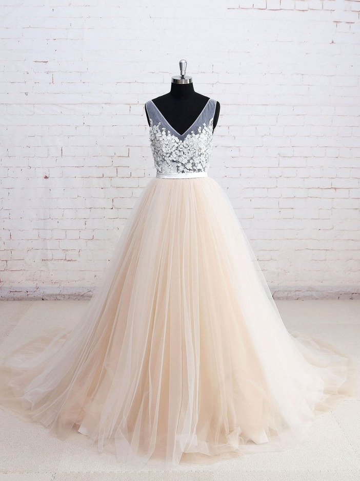 V-neck See-through Bodice Champagne Tulle Wedding Dresses With Chapel Train