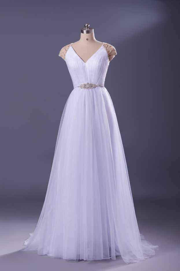 Cap Sleeves V Neck A Line Tulle Overlay Long Bridal Gown Women Formal Dress Custom Made