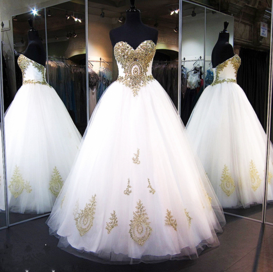 Ball Gown Wedding Dresses Gold Lace Appliques Beaded Crystal Bridal Gowns Vestido De Noiva Wedding Gown