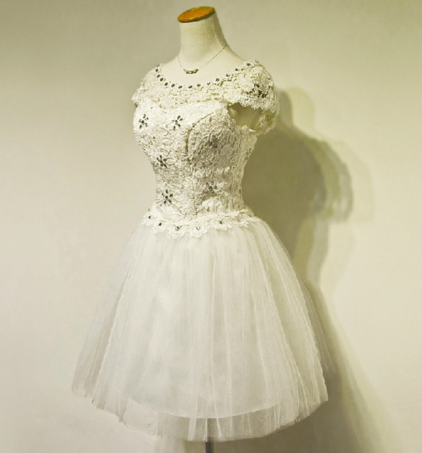 Short Bridal Wedding Dresses Formal Knee Length Beading Lace Crew Applique