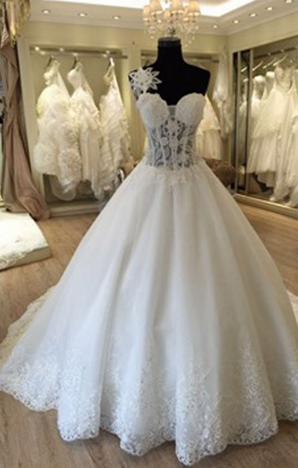 Unique Design One Shoulder See Through A-line Lace Tulle Wedding Dresses