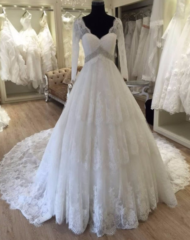 Long Sleeve V Neck Wedding Dress Backless Train Crystal Beading