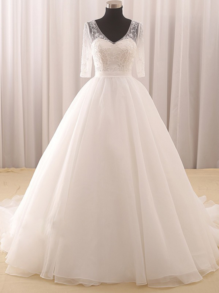 Half-sleeve Wedding Dress, Beading Wedding Dress, Tulle Wedding Dress, V-neck Wedding Dress
