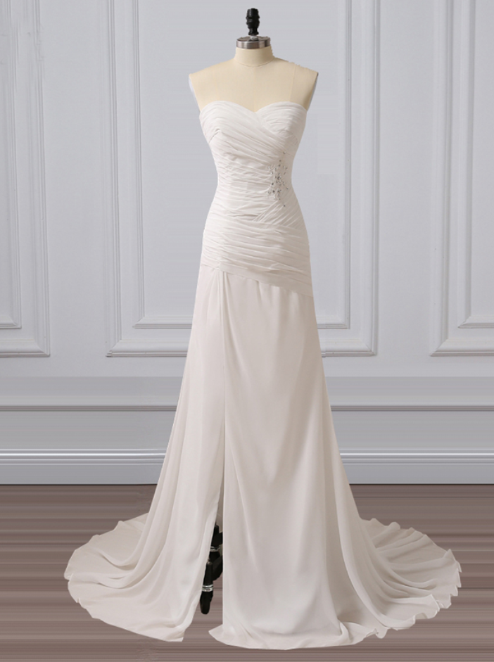 Strapless Sweetheart Ruched A-line Chiffon Wedding Dress Featuring Side Slit