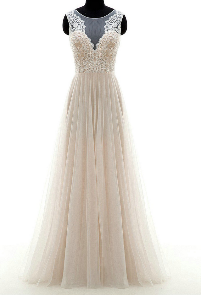 Sleeveless Sheer Lace Appliques A-line Floor-length Wedding Dress, Bridal Gown