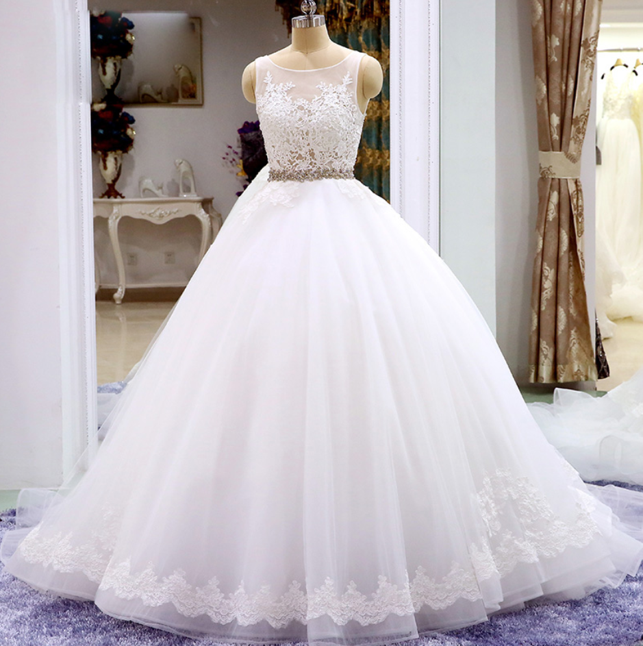 Sleeveless Sheer Lace Appliqués Ball Gown Wedding Dress Featuring V-back And Long Train