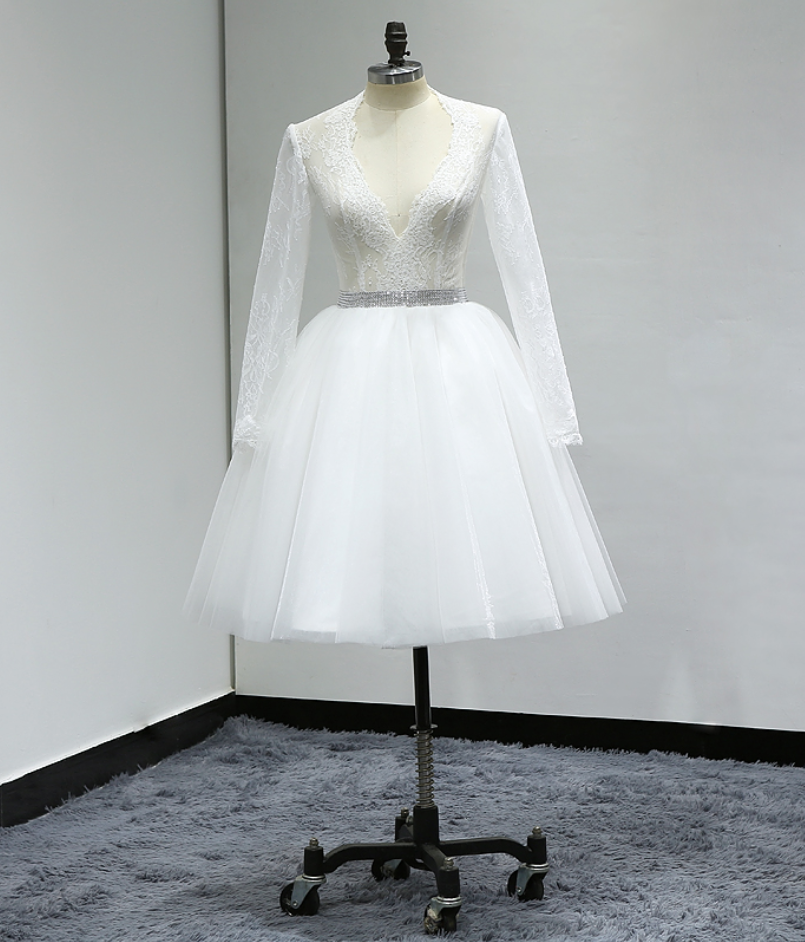 China Bridal Gowns Knee Length Short Wedding Dress Turkey Lace Long Sleeve Sexy Wedding Dress