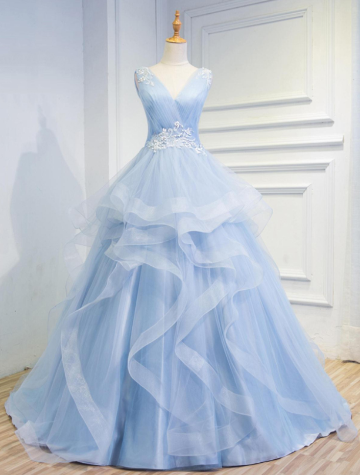 Wedding Dresses,fairy Tale Sky Blue Tulle V Neck Wedding Dresses,appliques Sleeveless