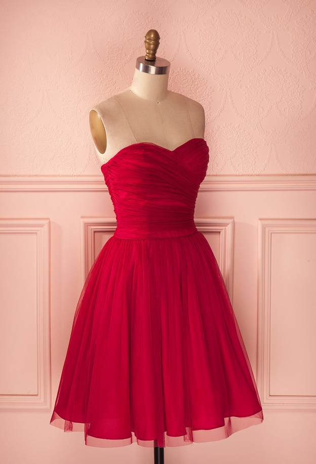 Red Strapless Tulle Knee Length Party Dress,a Line Homecoming Dress With Ruched Bodice