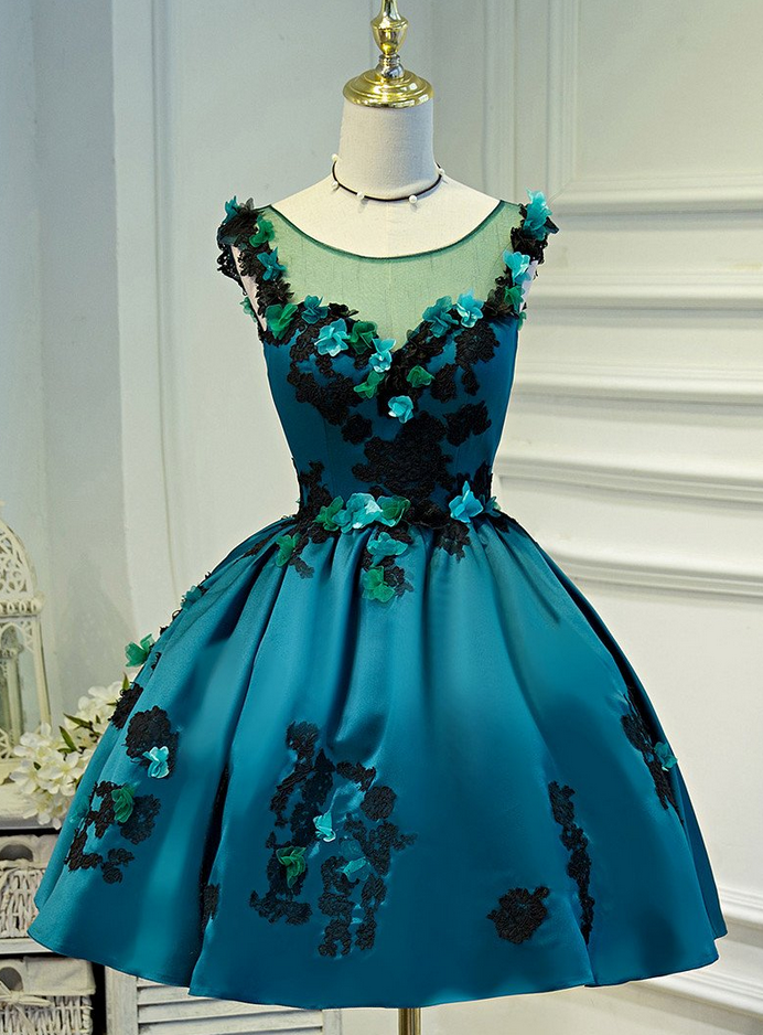 Sheer 3D Floral Appliqus A-Line Short Homecoming Dress, Cocktail Dress, Party Dress, Prom Dress