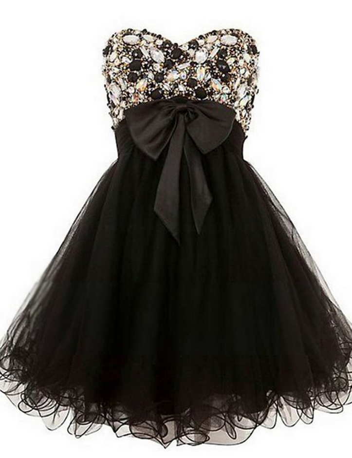Black Prom Dresses, Tulle Prom Dresses Beaded, Prom Dresses With Bow, Short Prom Dress, Real Samples Prom Dresses