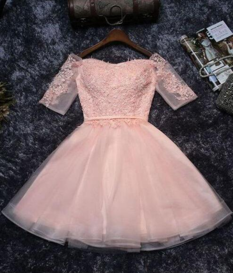 Pink Homecoming Dresses,tulle Half Sleeves Prom Dress,short Prom Dress,mini Party Dresses,off-shoulder Homecoming Dress