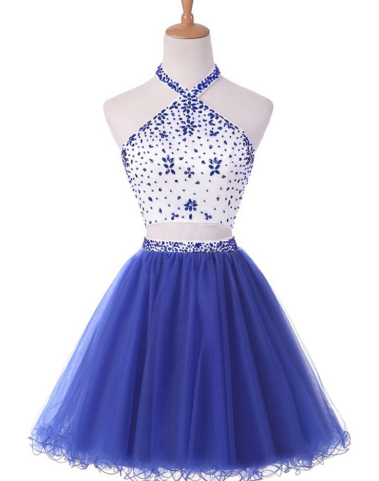 Women's Sexy Halter Royal Blue Two Pieces Beaded Homecoming Dress High Quality