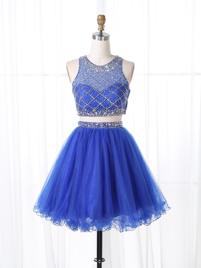 Charming Two Piece Jewel Sleeveless Royal Blue Tulle Short Homecoming Dress With Beading