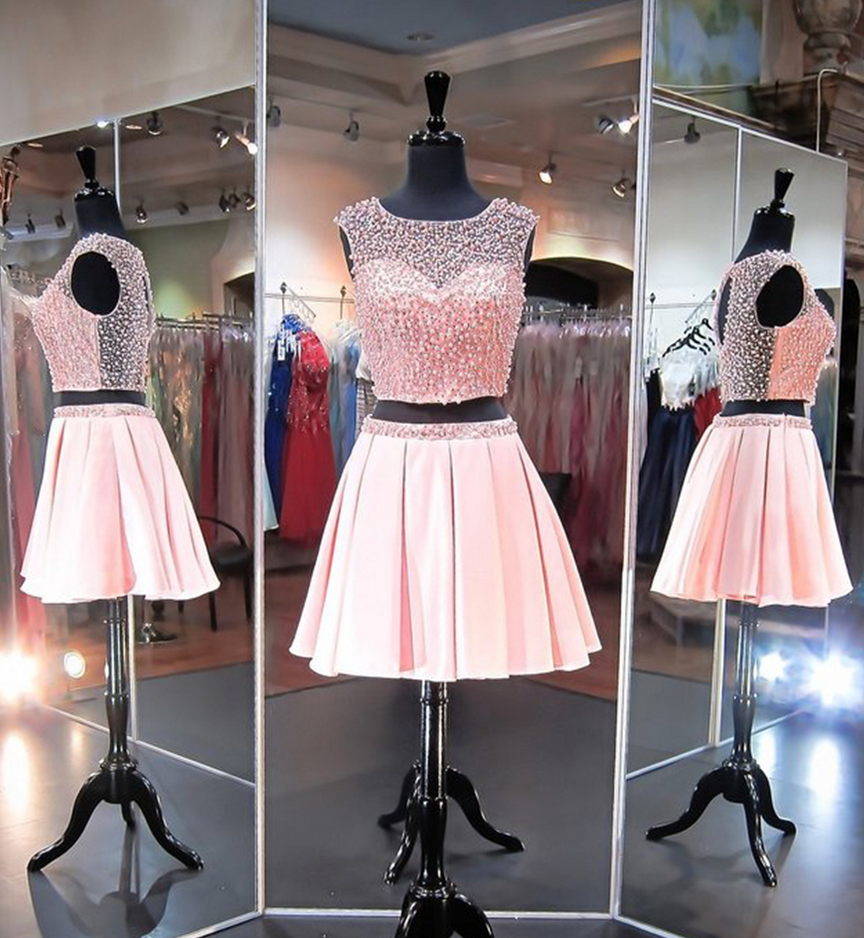 Pretty Pink Two Piece Pearl Beaded Homecoming Dresses Prom Dress Short