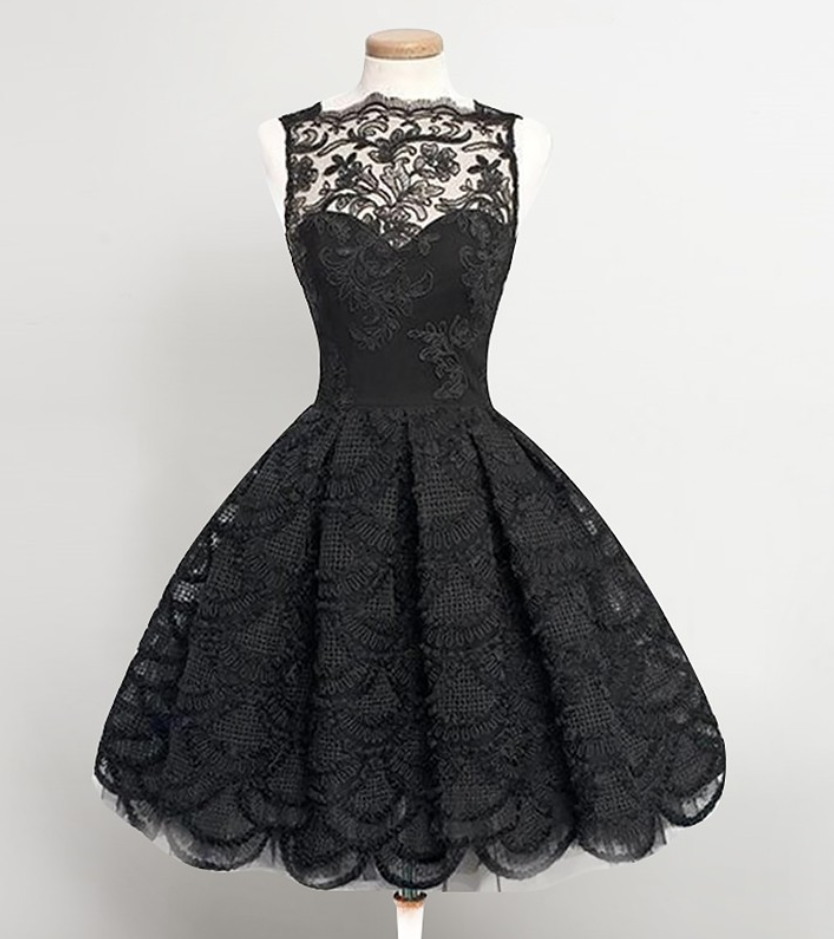 Black Lace/satin Homecoming Dresses Sleeveless A Lines Bateau Zipper-up Knee-length Applique
