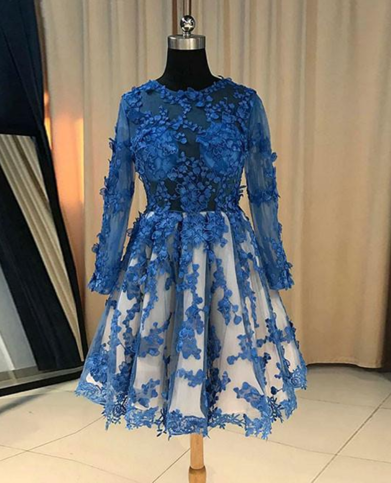 Attractive Blue Lace Short Prom Dress, Blue Lace Bridesmaid Dress