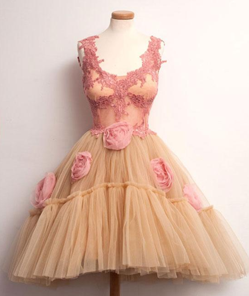 Cute Champagne Lace Tulle Short Prom Dress. Cute Homecoming Dress