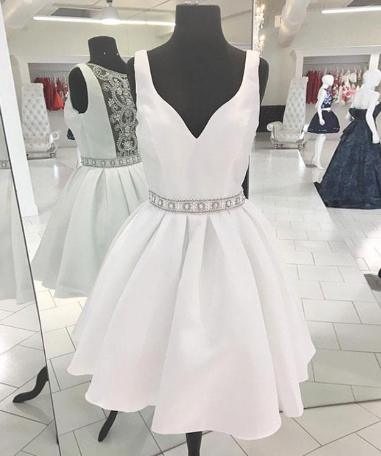 White V Neck Beads Short Prom Dress, White Homecoming Dress