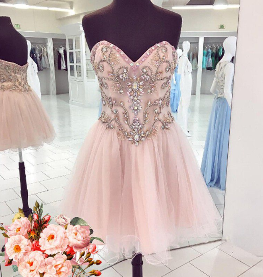 Homecoming Dresses Pink Sleeveless Tulle Zippers Beaded Above Knee Sweetheart Neckline A Line