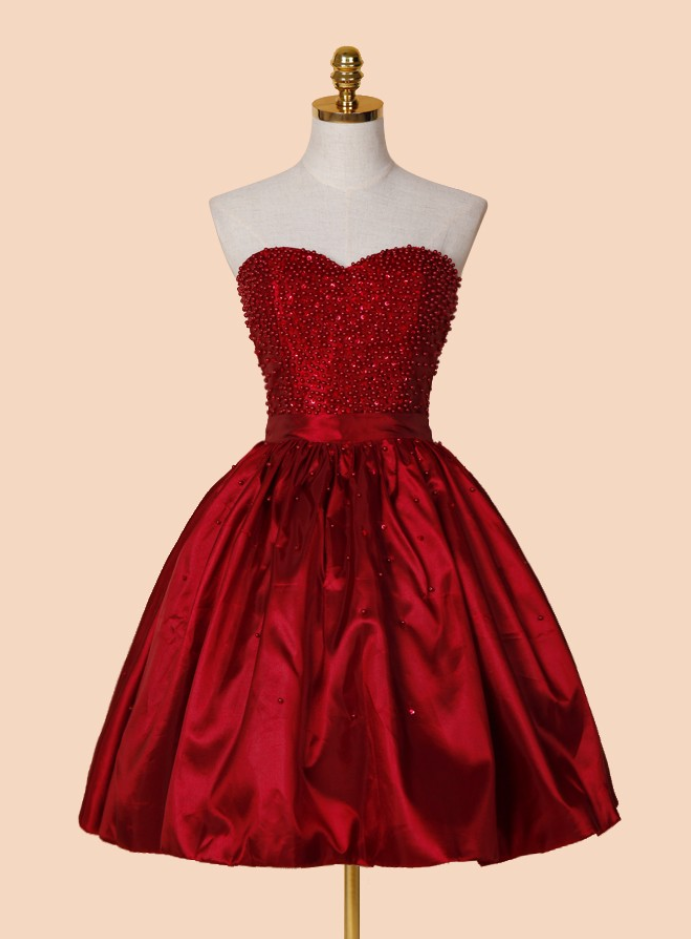 A-line Sweetheart Above-knee Red Stretch Satin Homecoming Dress With Beading