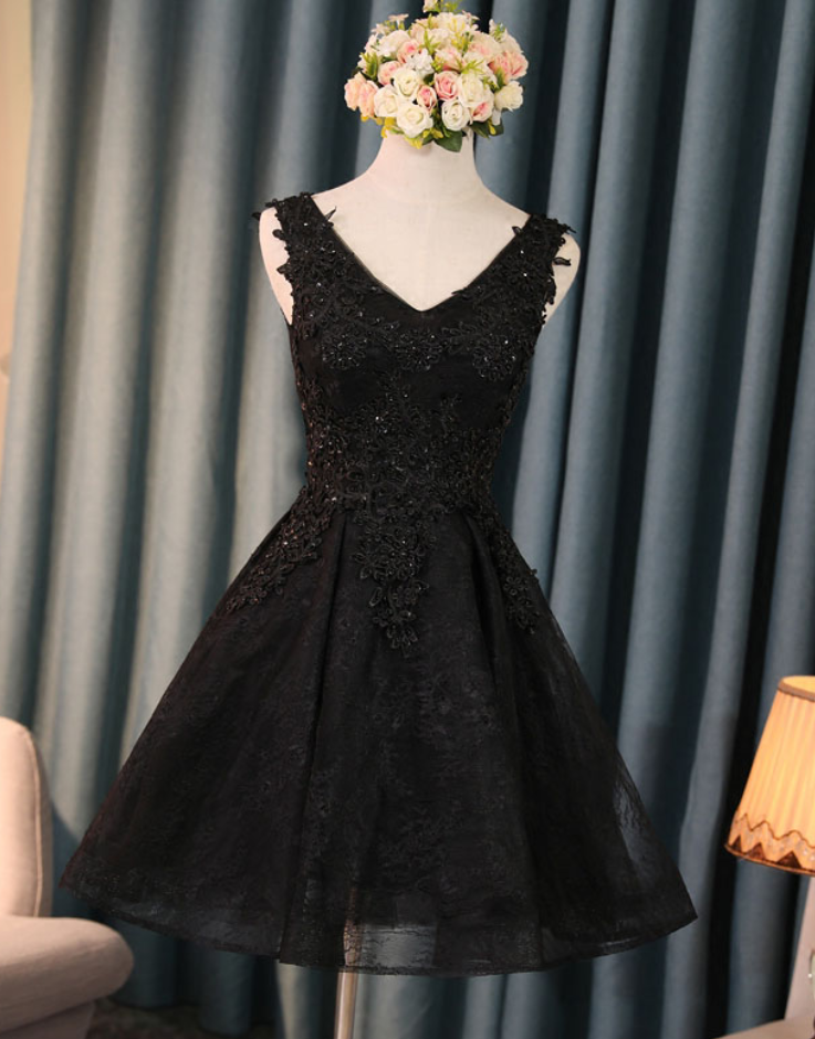 Black V-neck Homecoming Dresses, Short Lace Homecoming Dresses, Lace Evening Dresss, Women Party Dresses